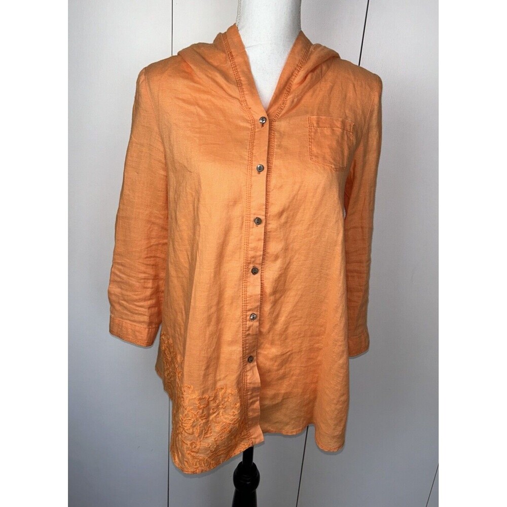 Issi Mixmind Hooded Button Front Shirt Women’s Embroidered Linen? Sz M? Pocket
